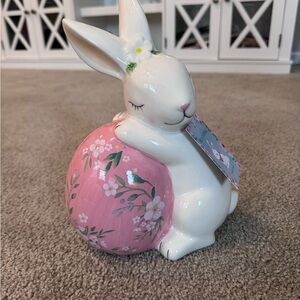 Ceramic White Easter Bunny With Pink Floral Egg 10” NEW